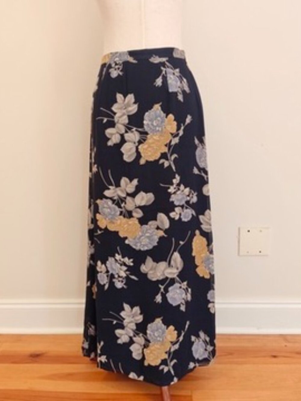 Vintage Laura Ashley Skirt Womens 6 Navy Ochre Floral Maxi Fairy Lined A Line
